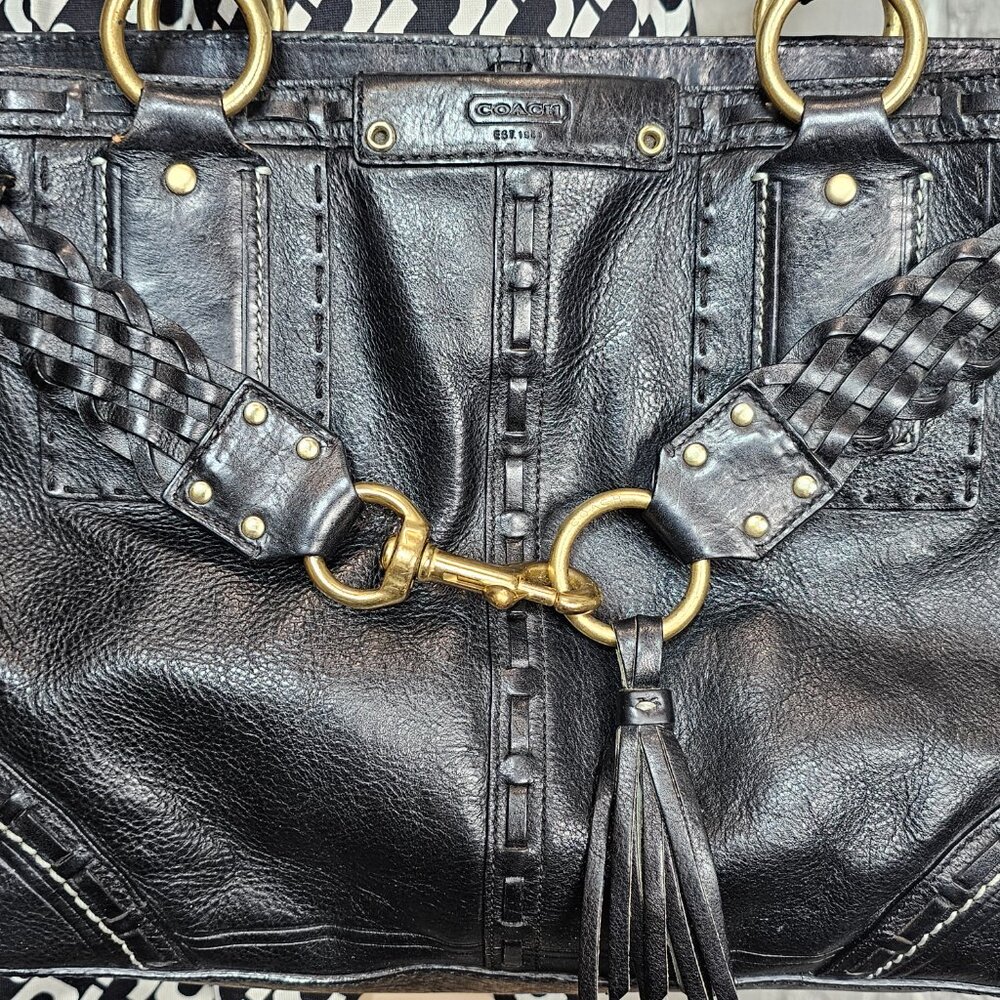 Coach Hamptons Leather Shoulder Bag Black Braided Strap Tassel Vintage - Picture 3 of 16